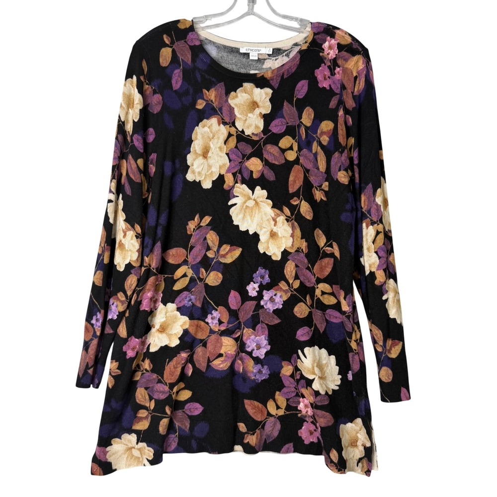 Chico's Fall Floral Crew Neck Sweater Tunic Womens L Midnight Purple Boho 2025